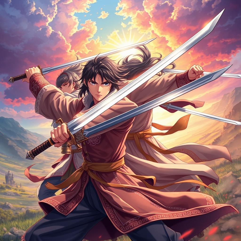 Epic anime featuring Ukrainian swordfighters, set in a mystical world with vibrant landscapes