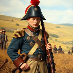 A historical depiction of a Ukrainian soldier from 1819, set in a detailed and accurate representation of that era