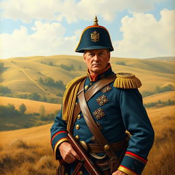 A historical depiction of a Ukrainian soldier from 1819, set in a detailed and accurate representation of that era