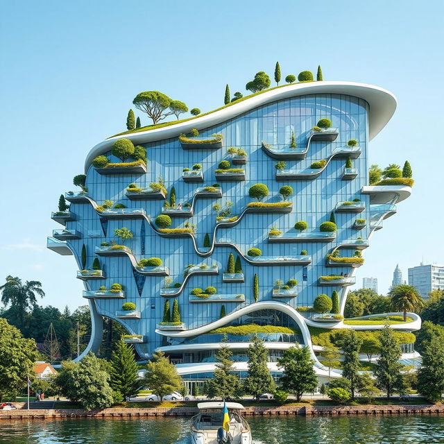 An ultra-modern, bionic, and futuristic building perfectly mirroring the silhouette of the map of Ukraine