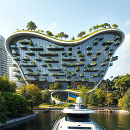 An ultra-modern, bionic, and futuristic building perfectly mirroring the silhouette of the map of Ukraine