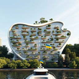 An ultra-modern, bionic, and futuristic building perfectly mirroring the silhouette of the map of Ukraine