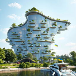 An ultra-modern, bionic, and futuristic building perfectly mirroring the silhouette of the map of Ukraine