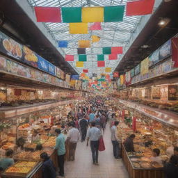 A busy and lively food court with various international cuisine stalls, colorful banners hanging from the ceiling, people walking with trays of food, and a pleasant, welcoming atmosphere.