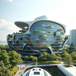 A cutting-edge building with a silhouette flawlessly replicating the map of Ukraine, designed in a bionic and futuristic style