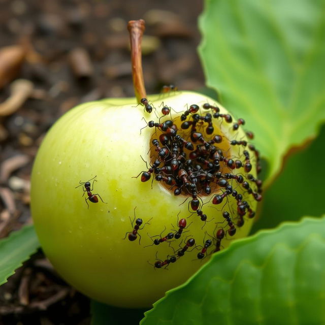 A realistic scene depicting a group of ants swarming on a piece of fruit, such as an apple, in an outdoor setting, showcasing the intricate details of the ants' bodies as they meticulously gather around the fruit