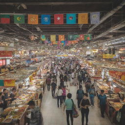 A busy and lively food court with various international cuisine stalls, colorful banners hanging from the ceiling, people walking with trays of food, and a pleasant, welcoming atmosphere.