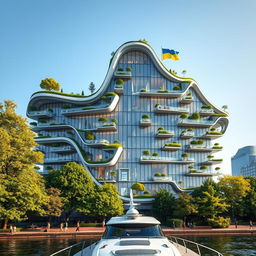 A modern architectural marvel with a silhouette that mimics the map of Ukraine, designed with a bionic and futuristic aesthetic