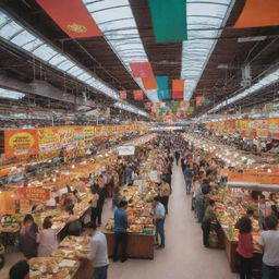 A busy and lively food court with various international cuisine stalls, colorful banners hanging from the ceiling, people walking with trays of food, and a pleasant, welcoming atmosphere.