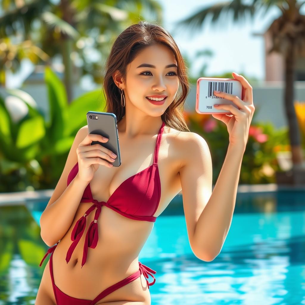 An Asian girl model wearing a stylish red maroon bikini, gracefully posing while scanning a barcode with her smartphone