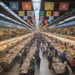 A busy and lively food court with various international cuisine stalls, colorful banners hanging from the ceiling, people walking with trays of food, and a pleasant, welcoming atmosphere.