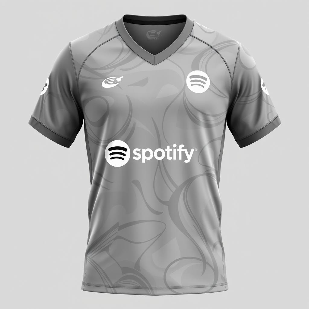 A stylish volleyball jersey in a chic ash gray color with a vibrant pattern that reflects energy and movement, prominently featuring the Spotify logo as the main sponsor