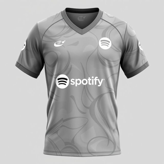 A stylish volleyball jersey in a chic ash gray color with a vibrant pattern that reflects energy and movement, prominently featuring the Spotify logo as the main sponsor