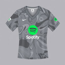 A stylish volleyball jersey in a chic ash gray color with a vibrant pattern that reflects energy and movement, prominently featuring the Spotify logo as the main sponsor