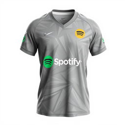 A stylish volleyball jersey in a chic ash gray color with a vibrant pattern that reflects energy and movement, prominently featuring the Spotify logo as the main sponsor