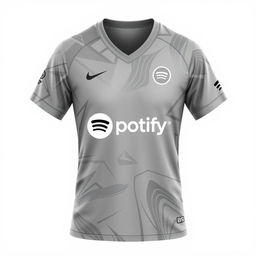 A stylish volleyball jersey in a chic ash gray color with a vibrant pattern that reflects energy and movement, prominently featuring the Spotify logo as the main sponsor