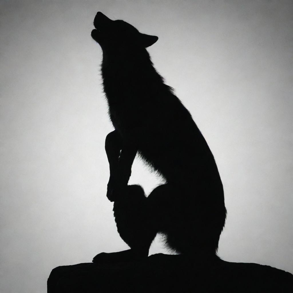 A silhouette of a wolf in a seated position with one leg poised in the air.