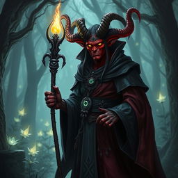 A mystical Tiefling sorcerer standing in an enchanted forest