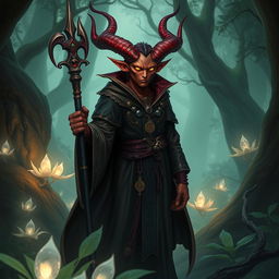 A mystical Tiefling sorcerer standing in an enchanted forest