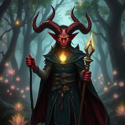 A mystical Tiefling sorcerer standing in an enchanted forest