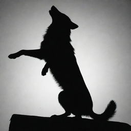 A silhouette of a wolf in a seated position with one leg poised in the air.