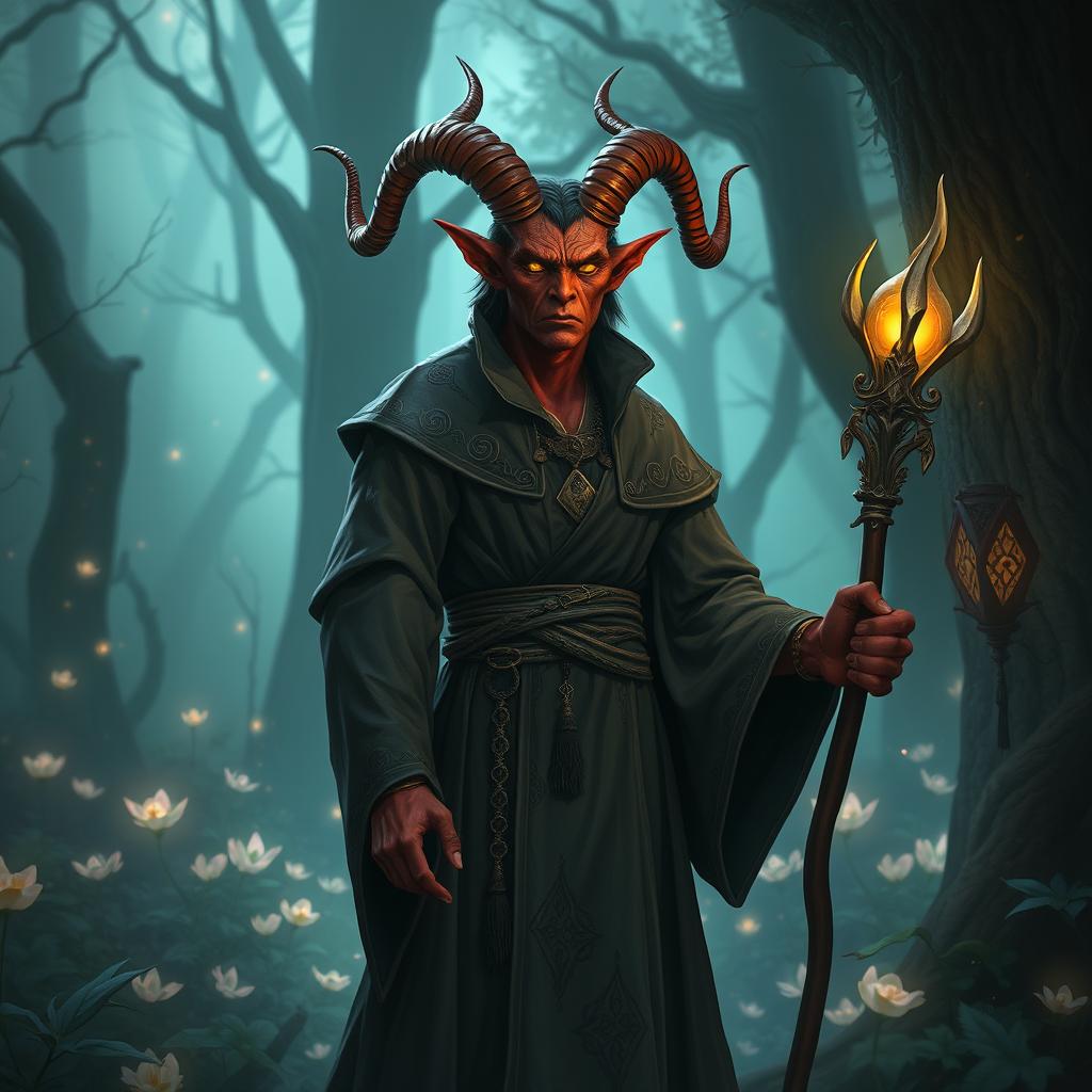 A mystical Tiefling sorcerer standing in an enchanted forest