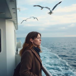 A sad woman standing on the side of a ferry, gazing out at the vast, endless sea