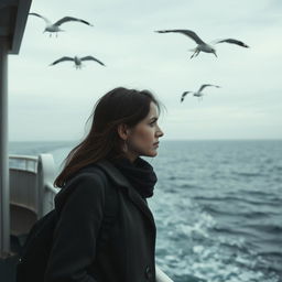 A sad woman standing on the side of a ferry, gazing out at the vast, endless sea