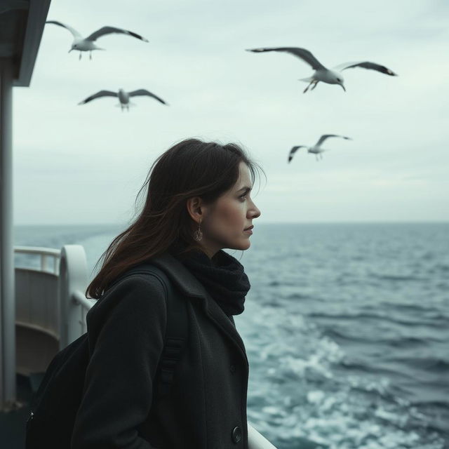 A sad woman standing on the side of a ferry, gazing out at the vast, endless sea