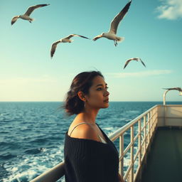 A sad woman standing on the side of a ferry, gazing out at the vast, endless sea