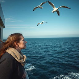 A sad woman standing on the side of a ferry, gazing out at the vast, endless sea