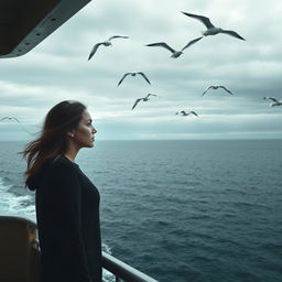 A melancholic woman gazing longingly at the vast sea while standing on the side of a ferry