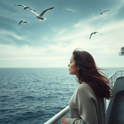 A melancholic woman gazing longingly at the vast sea while standing on the side of a ferry