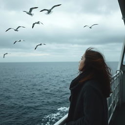 A melancholic woman gazing longingly at the vast sea while standing on the side of a ferry