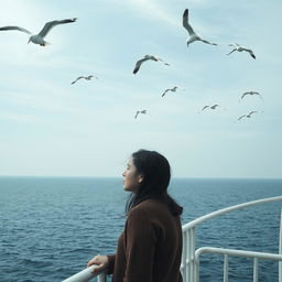 A melancholic woman gazing longingly at the vast sea while standing on the side of a ferry