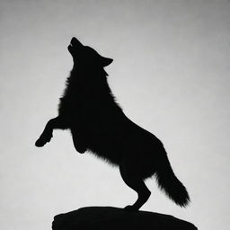 A silhouette of a wolf in a seated position with one leg poised in the air.