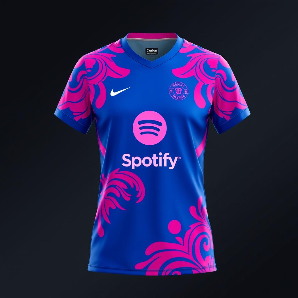 A vibrant volleyball jersey in a rich blue color with striking pink patterns