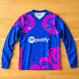 A vibrant volleyball jersey in a rich blue color with striking pink patterns