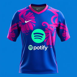 A vibrant volleyball jersey in a rich blue color with striking pink patterns