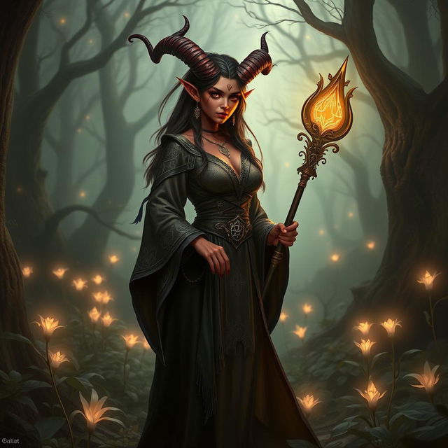 A mystical Tiefling sorceress standing in an enchanted forest