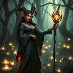 A mystical Tiefling sorceress standing in an enchanted forest