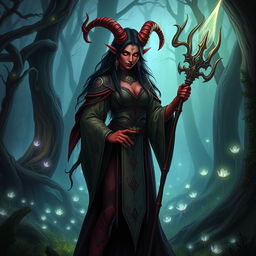 A mystical Tiefling sorceress standing in an enchanted forest