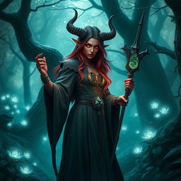 A mystical Tiefling sorceress standing in an enchanted forest