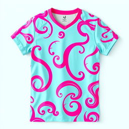 A volleyball jersey in a fresh light blue color adorned with striking pink patterns