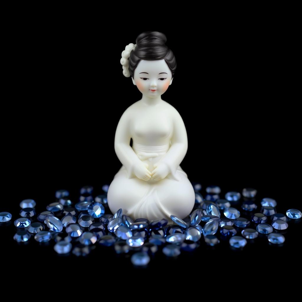 A porcelain doll with Asian features sitting at the center, surrounded by a multitude of small sapphires, all set against a black background