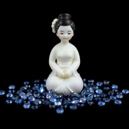 A porcelain doll with Asian features sitting at the center, surrounded by a multitude of small sapphires, all set against a black background