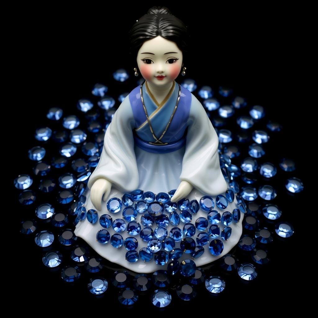 A porcelain doll with Asian features sitting at the center, surrounded by a multitude of small sapphires, all set against a black background