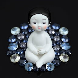 A porcelain doll with Asian features sitting at the center, surrounded by a multitude of small sapphires, all set against a black background