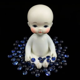 A porcelain doll with Asian features sitting at the center, surrounded by a multitude of small sapphires, all set against a black background