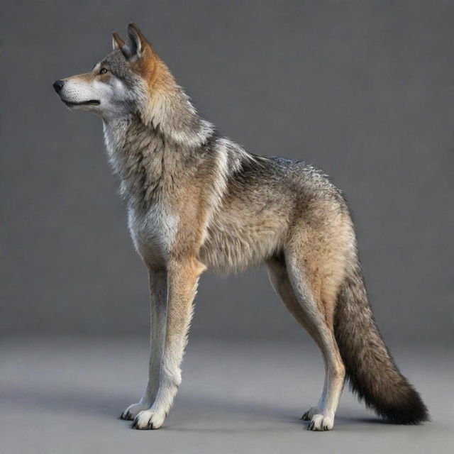 A realistically rendered wolf showing its back, looking over its shoulder with expressive eyes that seem to say 'goodbye'. The wolf's tail should be swishing gently.